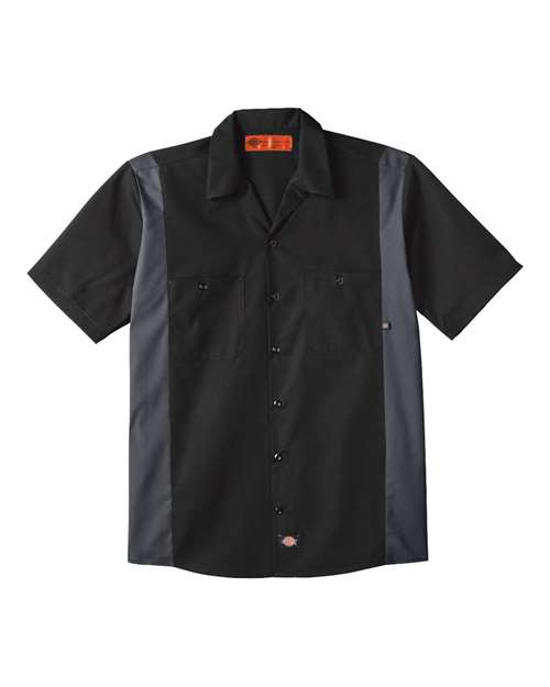 Black/ Dark Charcoal - Men's Industrial Colorblocked Short Sleeve Shirt Dickies Men's Industrial Colorblocked Short Sleeve Shirt in Black/Dark Charcoal, front view