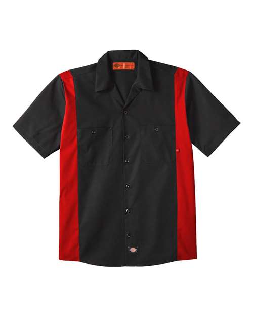 Black/ English Red - Men's Industrial Colorblocked Short Sleeve Shirt Dickies Men's Industrial Colorblocked Short Sleeve Shirt in Black/English Red, front view