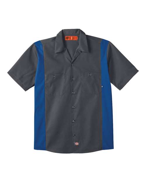 Dark Charcoal/ Royal Blue - Men's Industrial Colorblocked Short Sleeve Shirt Dickies Men's Industrial Colorblocked Short Sleeve Shirt in Dark Charcoal/Royal Blue, front view