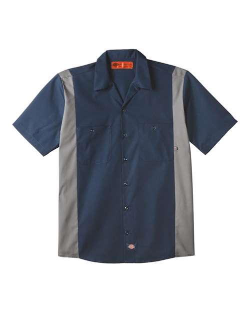 Dark Navy/ Smoke - Men's Industrial Colorblocked Short Sleeve Shirt Dickies Men's Industrial Colorblocked Short Sleeve Shirt in Dark Navy/Smoke, front view