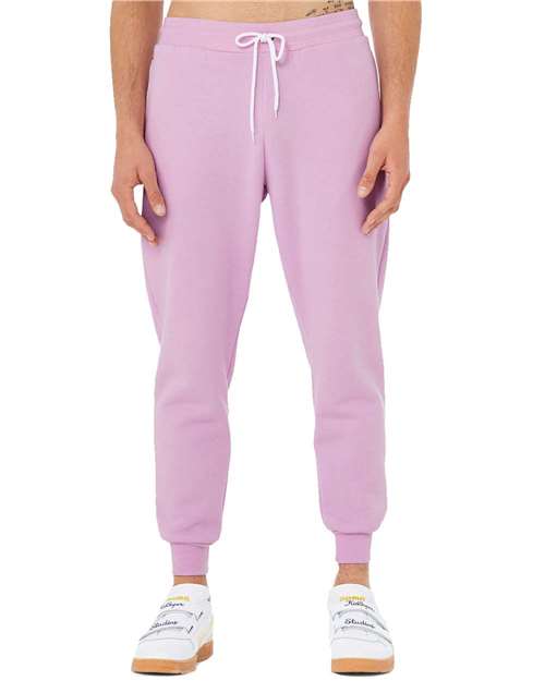 Lilac - BELLA + CANVAS 3727 Joggers with Custom Logo Decoration BELLA + CANVAS Unisex Sponge Fleece Joggers in Lilac, front view on model